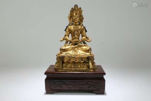 A Chinese Detailed Loctus-seated Gilt Buddha Statue