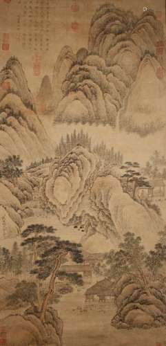 A Chinese Vivid Mountain-view Poetry-framing Scroll