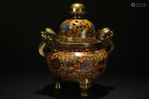 An Estate Myth-beast Duo-handled Cloisonne Censer