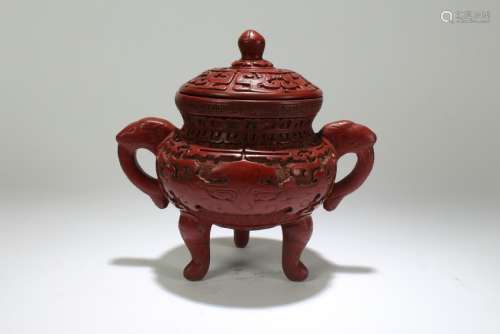 A Chinese Tri-podded Lidded Lacquer Censer