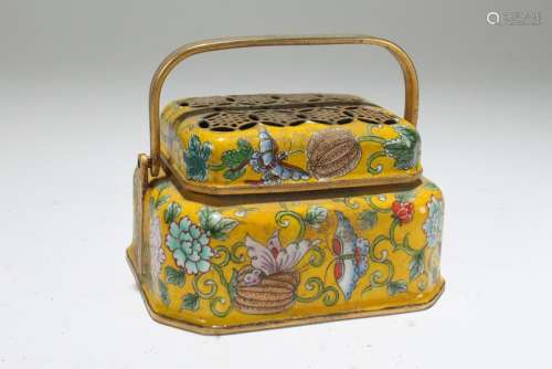 A Chinese Lidded Yellow Cloisonne Censer