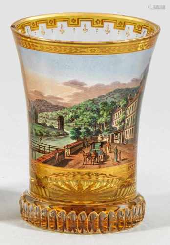 Biedermeier-Ranftbecher mit Ansicht von Karlsbad(Karlovy Vary)Farbloses Glas, geschliffen.