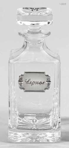 Cognac-Karaffe mit StöpselFarbloses Kristallglas, in die Form geblasen. Quadratisch, abgeschrägte