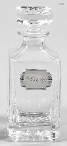 Whisky-Karaffe mit StöpselFarbloses Kristallglas, in die Form geblasen. Quadratisch, abgeschrägte