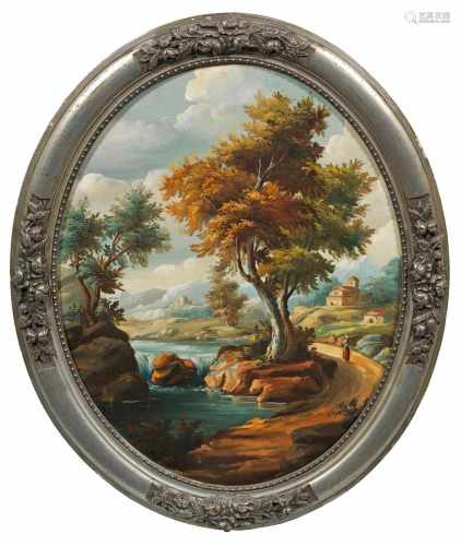 Anonymer Maler(Tätig im 20. Jh.)Paar italienisierende LandschaftenÖl/Lwd.; 49,5 cm x 40 cm, im Oval.