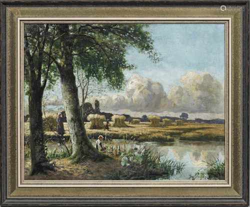 Jens Sørensen(1887 Kolding - 1953 Roskilde)Impressionstische Sommerlandschaft mit Bauern bei der