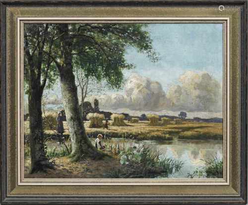 Jens Sørensen(1887 Kolding - 1953 Roskilde)Impressionstische Sommerlandschaft mit Bauern bei der