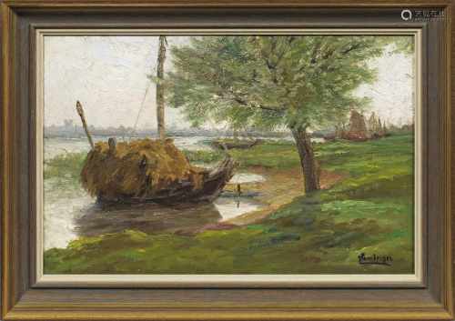 Vala Lamberger(1877 Mainz - 1953 Heppenheim)Heuboot am UferÖl/Malkarton. R. u. sign.; 27,5 cm x 42