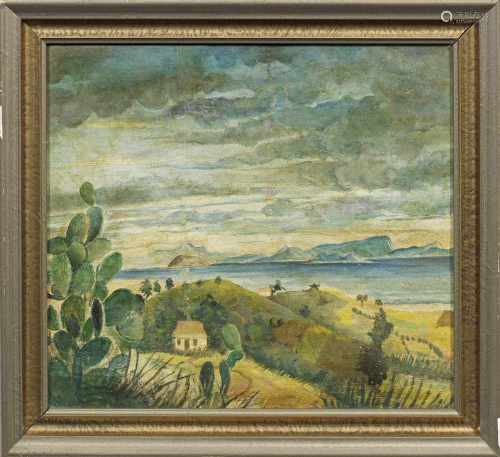 Anonymer Maler(Tätig im 20. Jh.)Südliche Landschaft mit Kakteen und weitem Blick auf das MeerÖl/
