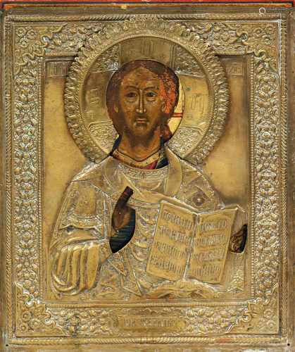 Ikone mit OkladTempera mit Gold auf Holz. Darstellung von Christus Pantokrator. Die rechte Hand