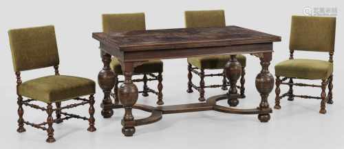 Barock-Tischgruppe7-tlg.; Ausziehtisch, Paar Armlehnstühle und vier Stühle. Eichenholz und Nussbaum.