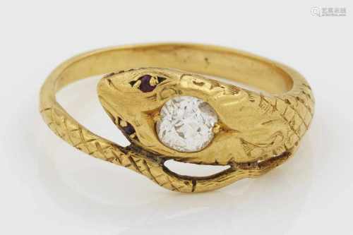 Biedermeier-Schlangenring mit Diamantrose21,6 ct. Gold. Plastisch gestalteter Ring einer Schlange,
