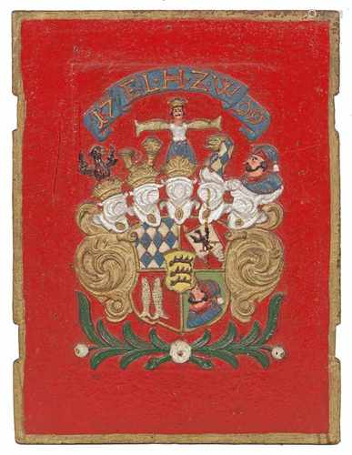 OfenplatteGusseisen, polychrom lackiert. Zentrales Wappen von Eberhard Ludwig Herzog zu Württemberg,