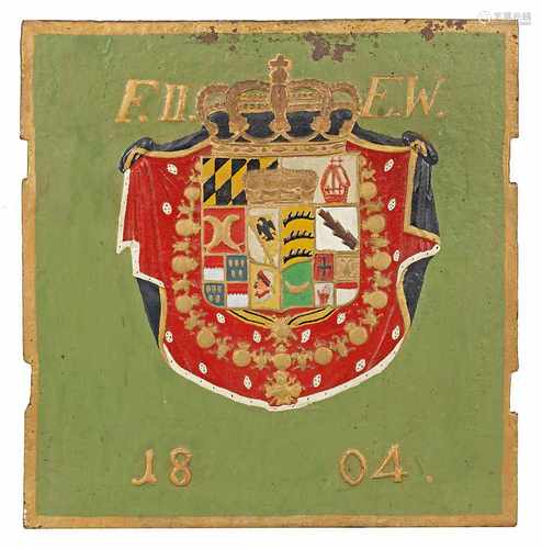 OfenplatteGusseisen, polychrom lackiert. Zentrales, bekröntes Wappen des Kurfürstentums Württemberg,