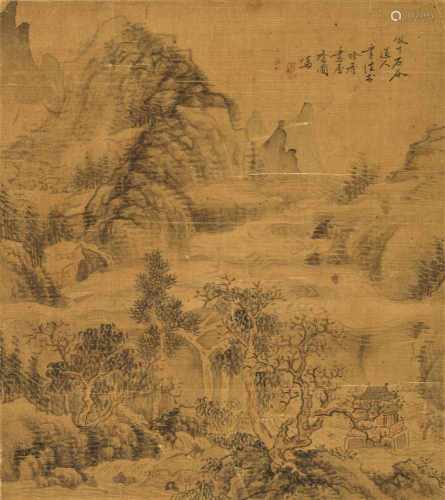 Chinesische SeidenmalereiTusche auf Seide. Flusslauf mit Gebirge. Im Vordergrund Architektur und