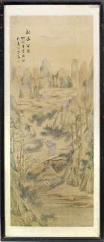 Zwei chinesische SeidenmalereienTusche auf Seide. Flusslauf mit Gebirge sowie drei Hühner vor