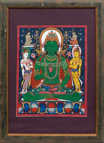 Zwei ThangkasGouache auf Leinwand/Leder. Darstellungen von Buddha Shakyamuni und Amoghasiddhi auf