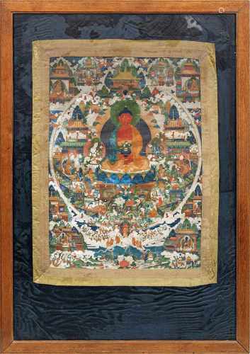 Großes ThangkaGouache auf Leinwand. Im Zentrum sitzender Buddha Amitabha auf Lotusthron als Buddha