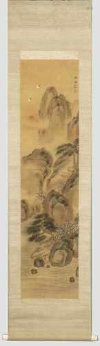 Japanisches Rollbild mit LandschaftsszenerieTusche auf Seide. Flusslandschaft mit blühenden