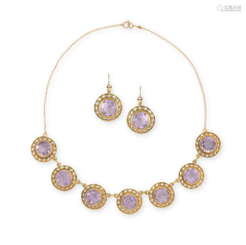 AN AMETHYST AND GOLD NECKLACE WITH EARRINGS, the necklace composed of eight round panel set with