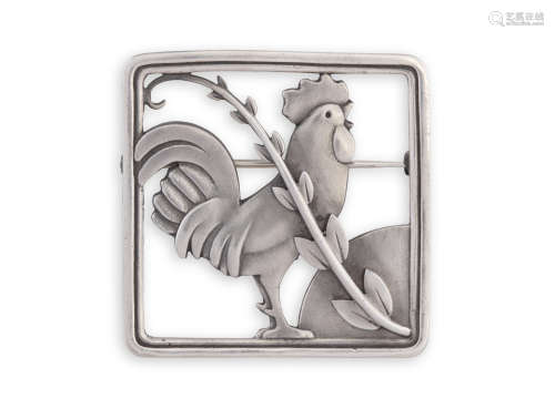 A SILVER BROOCH BY GEORG JENSEN AFTER 1945, the square-shaped brooch set with a cockerel with floral