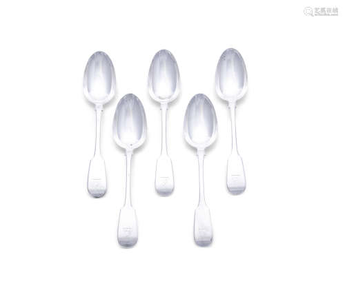 A SET OF FIVE WILLIAM IV FIDDLE PATTERN SILVER SERVING SPOONS, London c.1833, maker's mark of