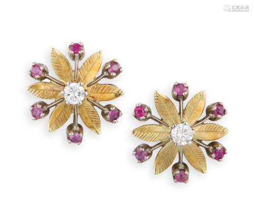 A PAIR OF RUBY AND DIAMOND EARRINGS, each flowerhead set with a brilliant-cut diamond at the