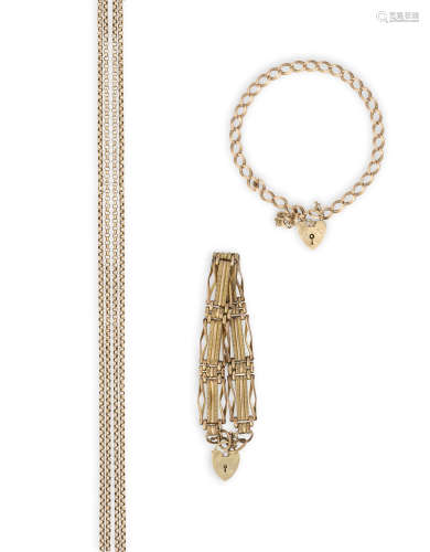 TWO BRACELET WITH A LONG CHAIN NECKLACE, each fancy-link bracelet with a 9K gold heart-shaped