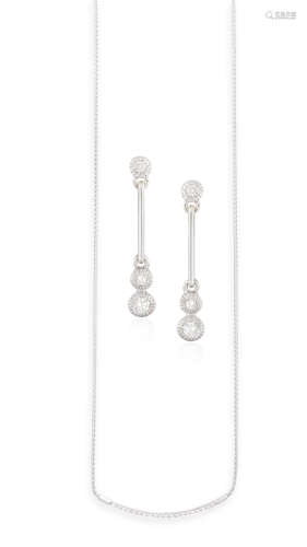 A DIAMOND PENDANT NECKLACE AND A PAIR OF DIAMOND EARRINGS, the pendant set with a line of round