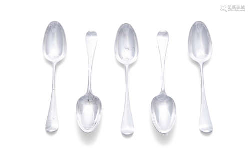 A SET OF FIVE GEORGE II SILVER SOUP SPOONS, London c.1752, marker's mark indecipherable, of plain