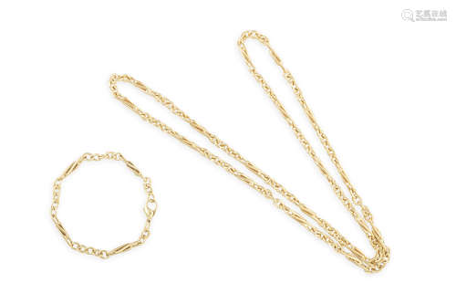 A GOLD CHAIN NECKLACE AND BRACELET, the fancy-lin chain necklace and bracelet in 9K gold, necklace