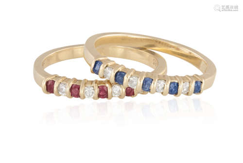 TWO GEM-SET RINGS, each composed of circular-cut rubies or sapphires, highlighted with similarly-cut