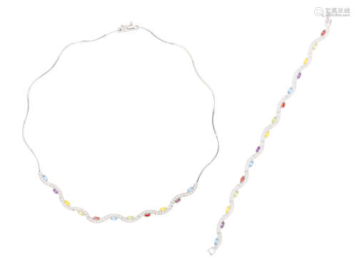 A NECKLACE AND BRACELET, each set with coloured marquise-shaped stones and circular-cut cubic