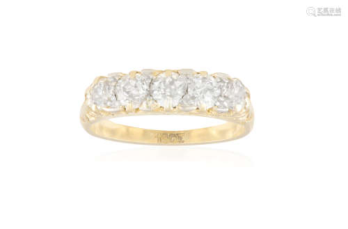 A FIVE-STONE DIAMOND RING, set with 5 graduated old-cut diamonds, to an engraved gold hoop,