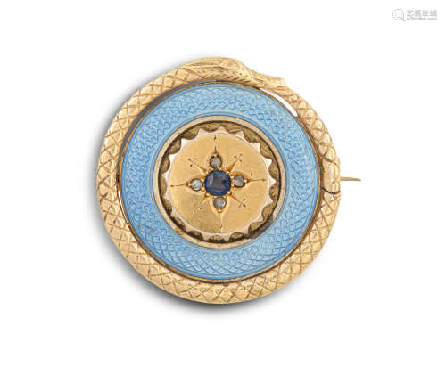 A GEM-SET BROOCH, set at the centre with a circular-cut sapphire and four rose-cut diamonds, to a