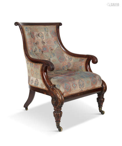 AN IRISH WILLIAM IV MAHOGANY FRAMED LIBRARY ARMCHAIR, c.1830, with tub back and down scrolling arms,