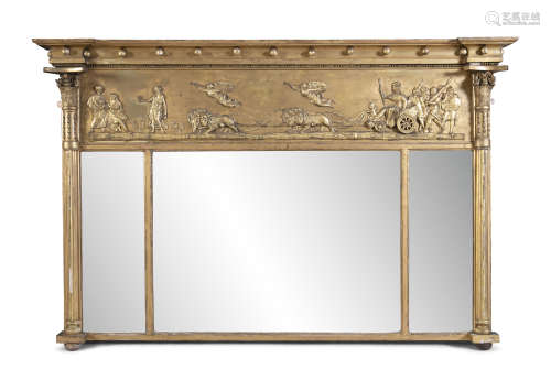 A VICTORIAN GILTWOOD AND GESSO COMPARTMENTED OVERMANTLE MIRROR, with outset cornice applied with a