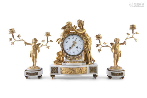 A FRENCH THREE PIECE GILT BRONZE AND MARBLE FIGURAL CLOCK GARNITURE, the clock with a classical