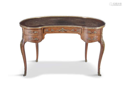 A KINGWOOD AND PARQUETRY WRITING DESK, 19th century, of kidney shaped design and with brass gallery,
