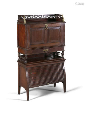 A LATE 19TH CENTURY MAHOGANY WRITING CABINET, the rectangular top with pierced gallery, above fall