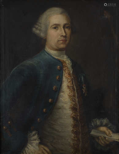 SPANISH SCHOOL (MID 18TH CENTURY)Portrait of a man, wearing a blue over coat, with order Oil on
