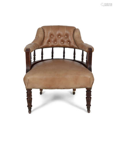 A LATE 19TH CENTURY MAHOGANY FRAMED TUB CHAIR, covered in a soft brown leather, with padded armrests