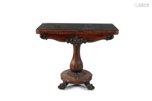 A WILLIAM IV ROSEWOOD FOLDING TOP CARD TABLE, the shaped rectangular top above carved frieze with