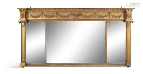 A 19TH CENTURY GILT COMPARTMENTAL MIRROR, of rectangular form, the outset cornice applied with a row