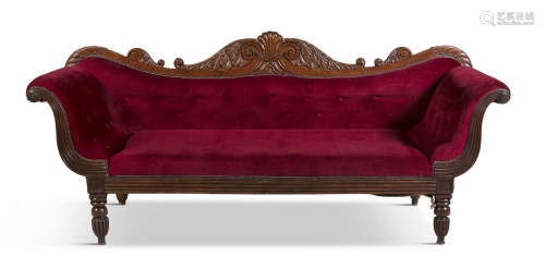 A WILLIAM IV MAHOGANY FRAMED SCROLL END SETTEE, covered in a claret velour, the shaped back with