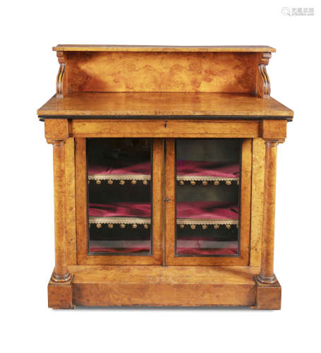 A WILLIAM IV BURR OAK CHIFFONIER, the raised superstructure with carved scroll side supports, the
