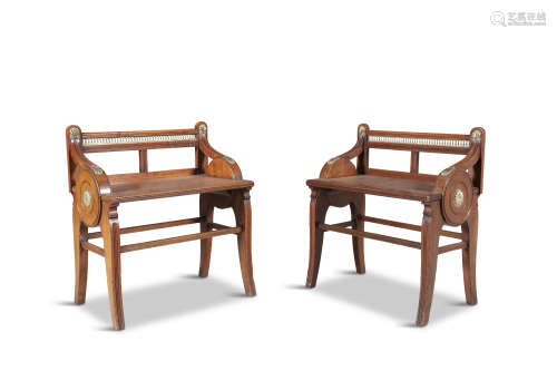 A PAIR OF VICTORIAN OAK AND BRASS MOUNTED HALL STOOLS ATTRIBUTED TO JAMES SHOOLBRED OF TOTTENHAM