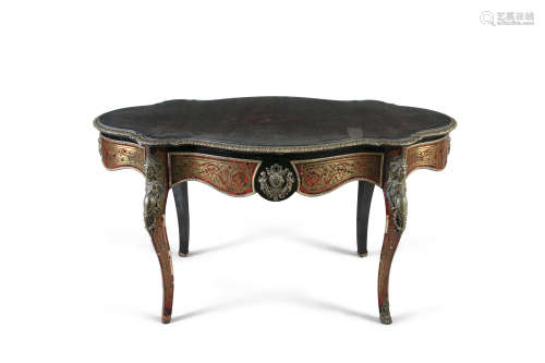 A FRENCH EBONISED AND BOULLEWORK CENTRE TABLE, 19th century, of shaped oval form, with glass covered
