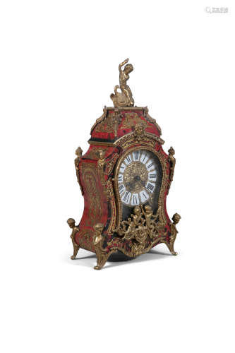 A FRENCH BOULLE MANTLE CLOCK, 19th century, surmounted with classical figure over an arched casing