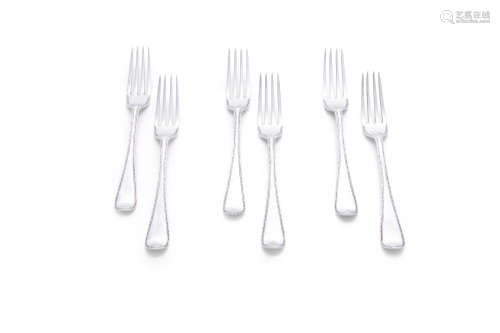 A SET OF SIX OLD ENGLISH PATTERN SILVER DINNER FORKS, London c.1855, mark of Chawner & Co., the